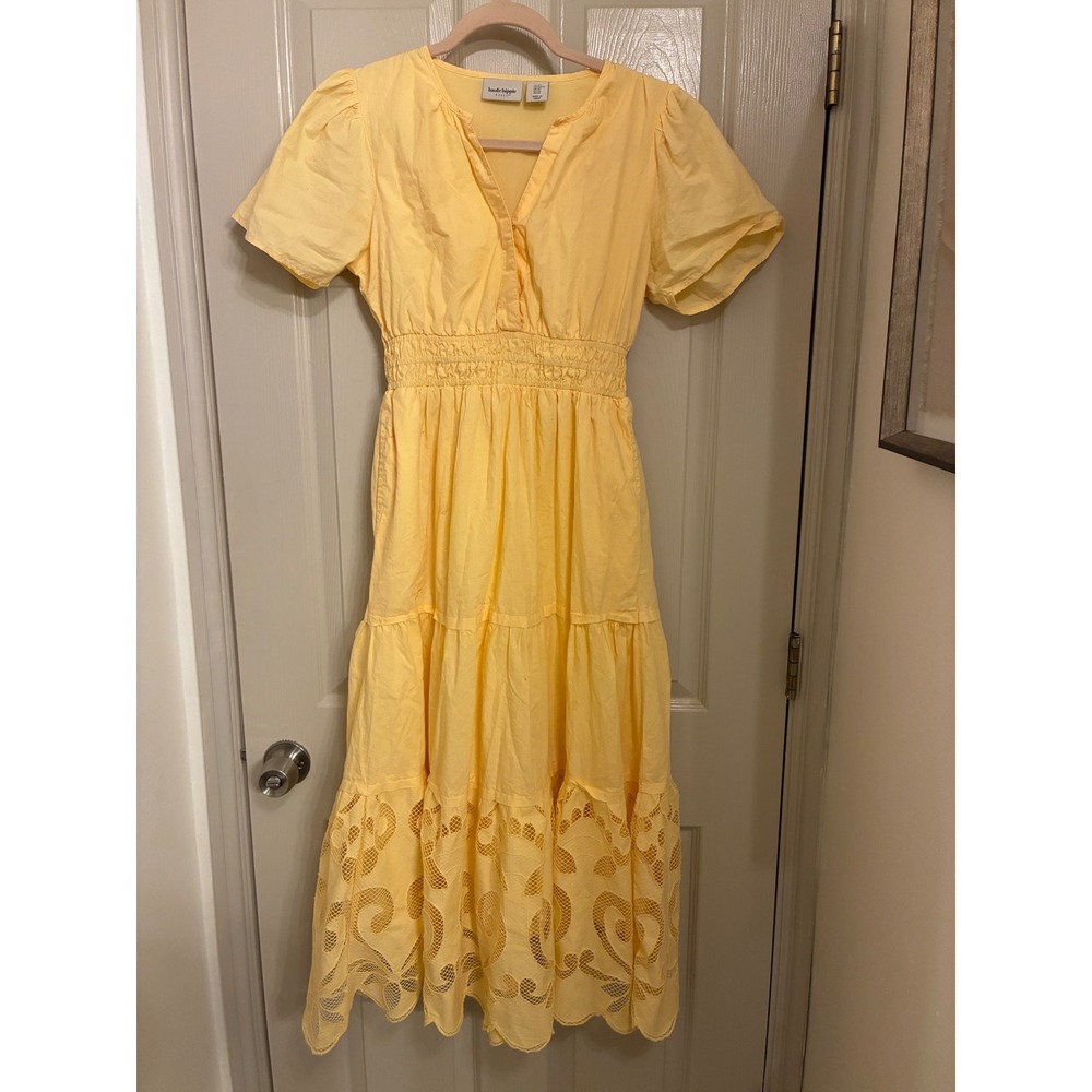 Haute Hippie Style Yellow Tiered Maxi Dress Eyelet Lace Smocked Waist XS